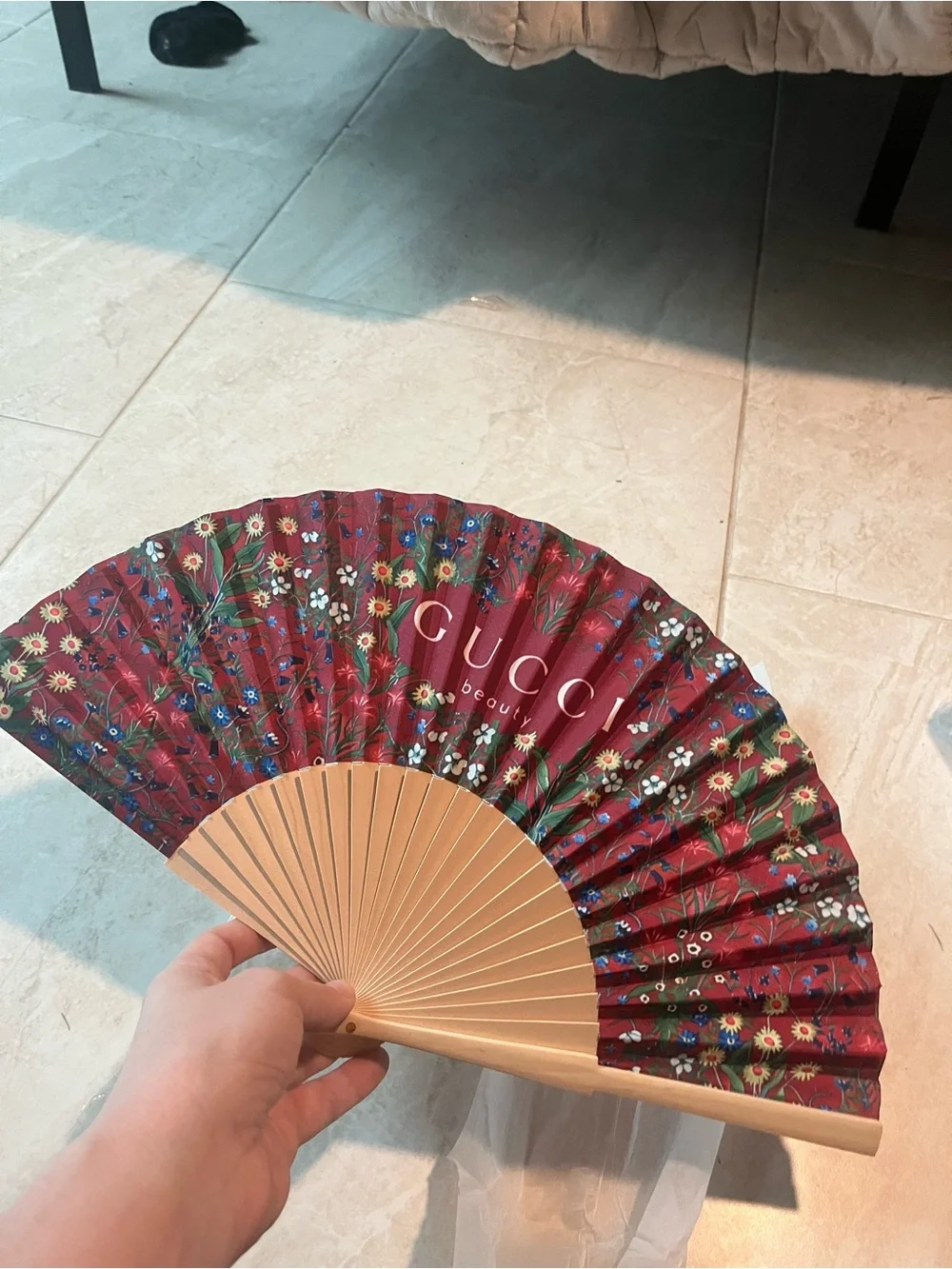 Gucci Red Floral Folding Hand Fan with Beige Frame